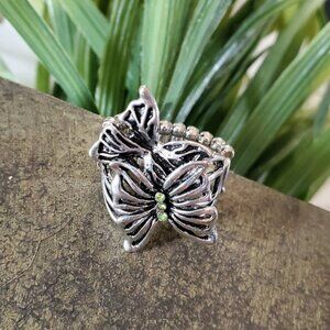 Butterfly Silver Tone Stretch Ring with Green Stone 💥3 for $24💥